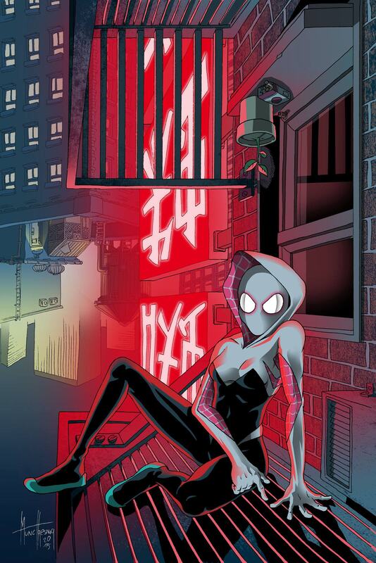 Comicgrafik einer Superheldin vor nächtlicher Stadtkulisse