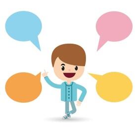 Illustration einer Figur mit bunten Sprechblasen